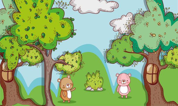 Bears in the forest doodle cartoons vector illustration graphic design - Vector, Image