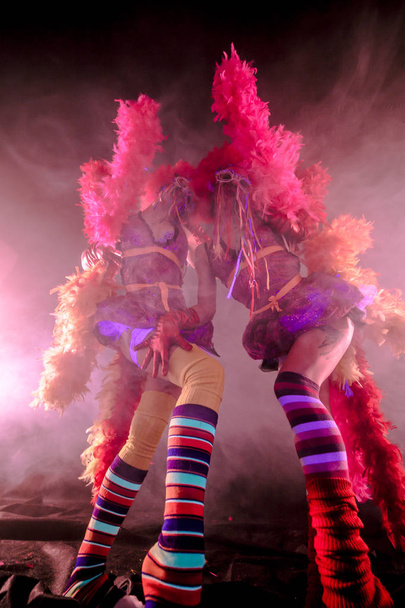 young can-can dancers with pom-poms posing together in carnival concept against misty background - Foto, Imagen