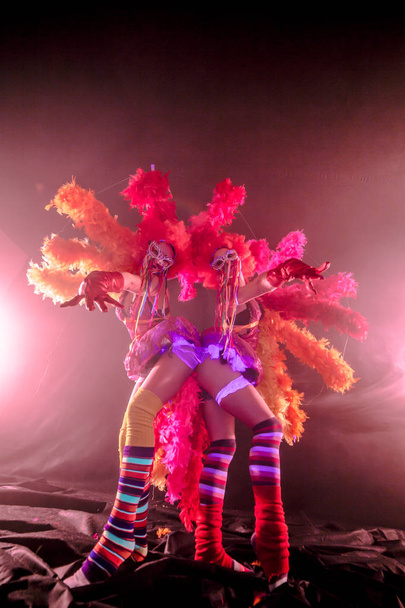 jovens dançarinos can-can com pom-poms posando juntos no conceito de carnaval contra fundo enevoado
 - Foto, Imagem