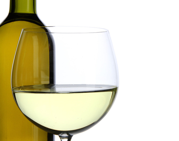 White wine glass and bottle of wine isolated on white - Photo, image