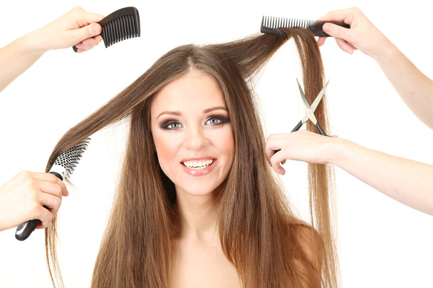 Woman with long hair in beauty salon, isolated on white - Fotoğraf, Görsel
