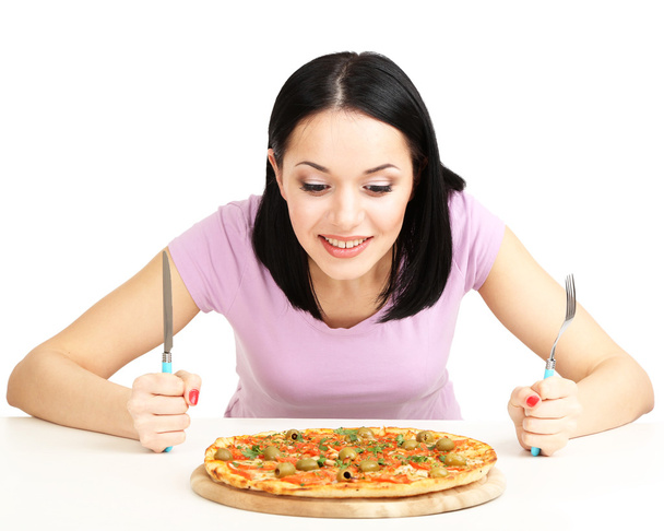 Beautiful girl wants to eat pizza isolated on white - Foto, Bild