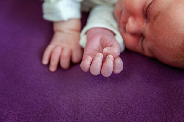 背景紫毛布で寝ている間にベッドに横たわって静かな甘い新生児乳児赤ちゃんの柔らかい肖像画。甘い夢、おやすみ。マタニティ家族小児無罪ケア コンセプト - 写真・画像