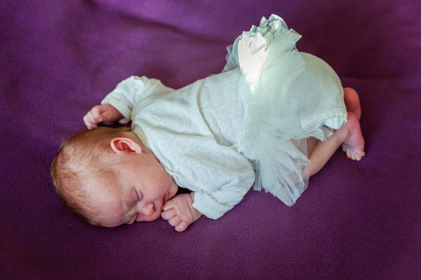 Měkký portrét mírové sladké kojenecká novorozence ležící na lůžku při spaní v pozadí fialovou deku. Sladký sen, dobrou noc. Mateřské rodinné dětské nevinnosti péče koncept - Fotografie, Obrázek