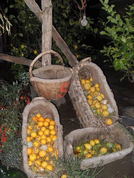 Cestas tejidas a mano, con limones y naranjas en Sorrento por la noche
 - Foto, imagen