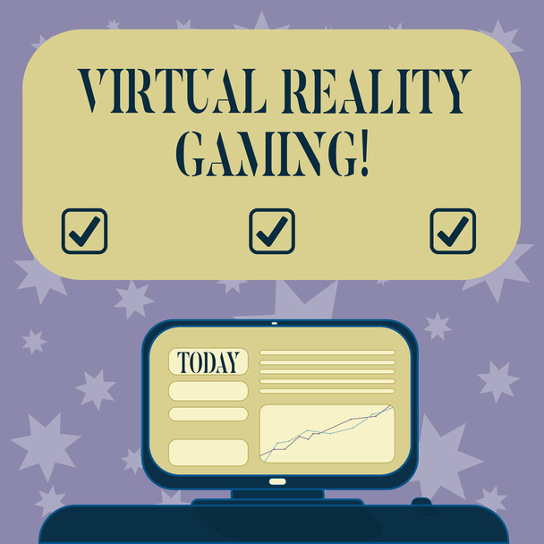 Conceptual hand writing showing Virtual Reality Gaming. Business photo text application of virtual environment to computer games Mounted Computer Screen with Line Graph on Desk Text Box. - Photo, Image