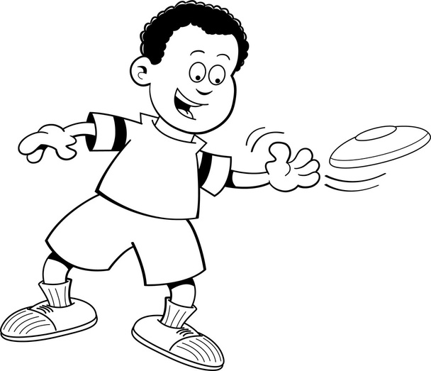 Cartoon jongen gooien een vliegende schijf - Vector, afbeelding