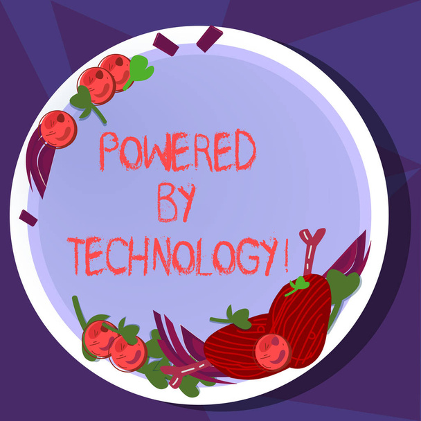 Text sign showing Powered By Technology. Conceptual photo Breakthrough led to the broad commercialization Hand Drawn Lamb Chops Herb Spice Cherry Tomatoes on Blank Color Plate. - Photo, Image