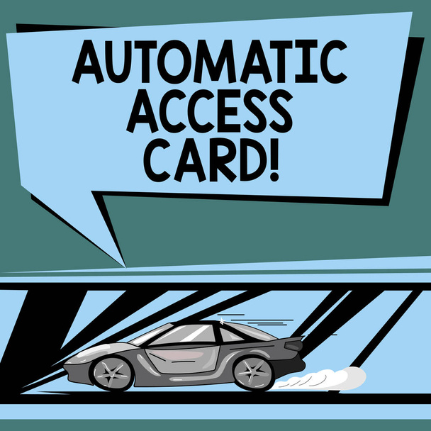 自動アクセス カード概念写真建物車高速移動アイコンと排気煙空白色バルーンの外部ドアへのエントリを制御するために使用を示すテキスト記号. - 写真・画像