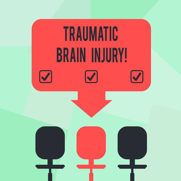 Conceptual hand writing showing Traumatic Brain Injury. Business photo text Insult to the brain from an external mechanical force Space Color Arrow Pointing to One of the Three Swivel Chairs. - Photo, Image
