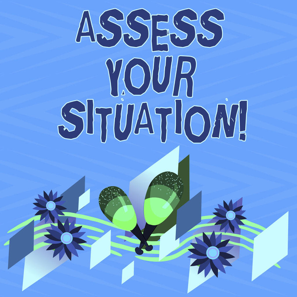 Text sign showing Assess Your Situation. Conceptual photo Judging a situation after sighted all the information Colorful Instrument Maracas Handmade Flowers and Curved Musical Staff. - Photo, Image