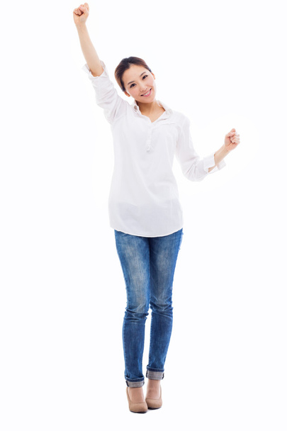 Happy young asian woman hands up shot - Foto, Imagem