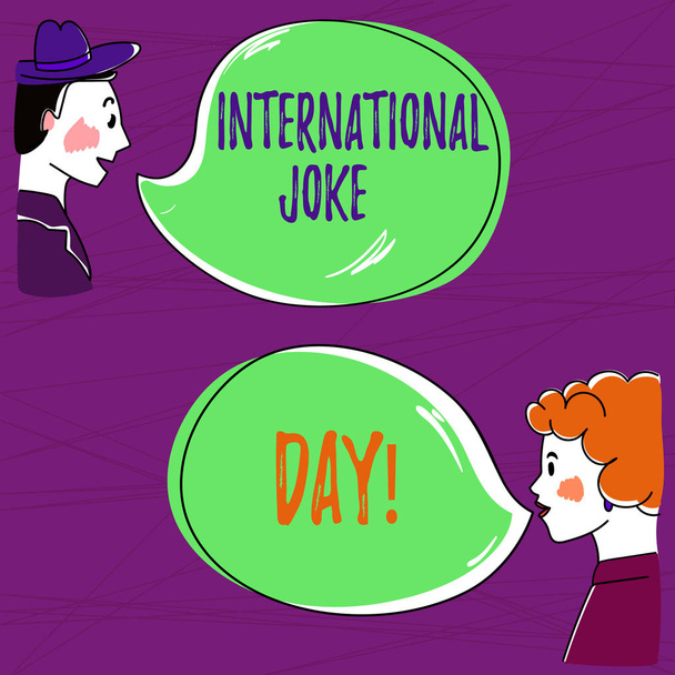 Text sign showing International Joke Day. Conceptual photo holiday to celebrate the benefit of good humor Hand Drawn Man and Wo analysis Talking photo with Blank Color Speech Bubble. - Photo, Image