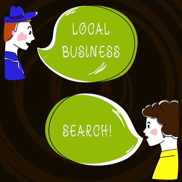 Text sign showing Local Business Search. Conceptual photo looking for product or service that is locally located Hand Drawn Man and Wo analysis Talking photo with Blank Color Speech Bubble. - Photo, Image