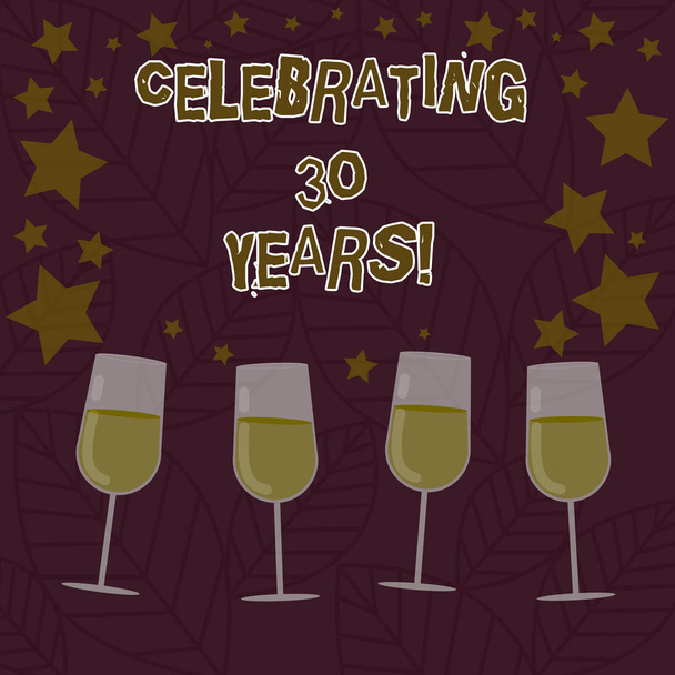 Conceptual hand writing showing Celebrating 30 Years. Business photo text Commemorating a special day being 30 years together Filled Cocktail Wine with Scattered Stars Confetti Stemware. - Photo, Image