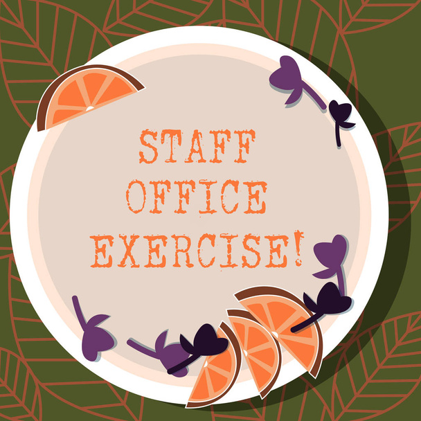 Writing note showing Staff Office Exercise. Business photo showcasing Promoting physical fitness routine for office staff Cutouts of Sliced Lime Wedge and Herb Leaves on Color Plate. - Photo, Image