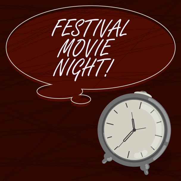 Text sign showing Festival Movie Night. Conceptual photo analysisy friends get together to watch movies together Blank Color Thought Speech Bubble with Outline and Alarm Clock photo. - Photo, Image