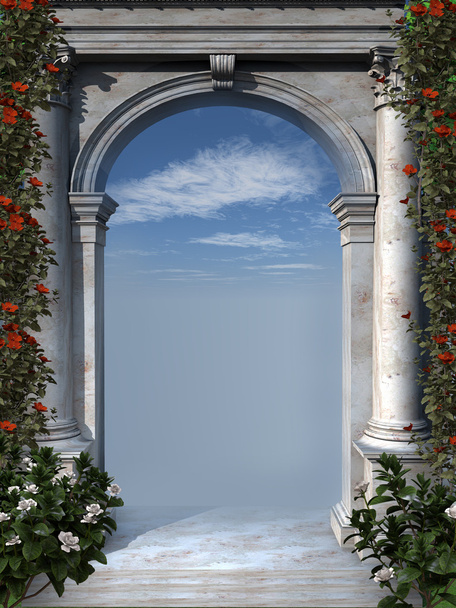 Старовинна арка з червоними квітами
 - Фото, зображення