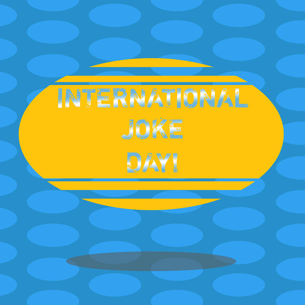 Wortschreibtext Internationaler Witz-Tag. Geschäftskonzept für den Urlaub, um den Vorteil der guten Laune Blankofarbe ovale Form mit horizontalen Streifen schwimmenden und Schatten Foto feiern. - Foto, Bild