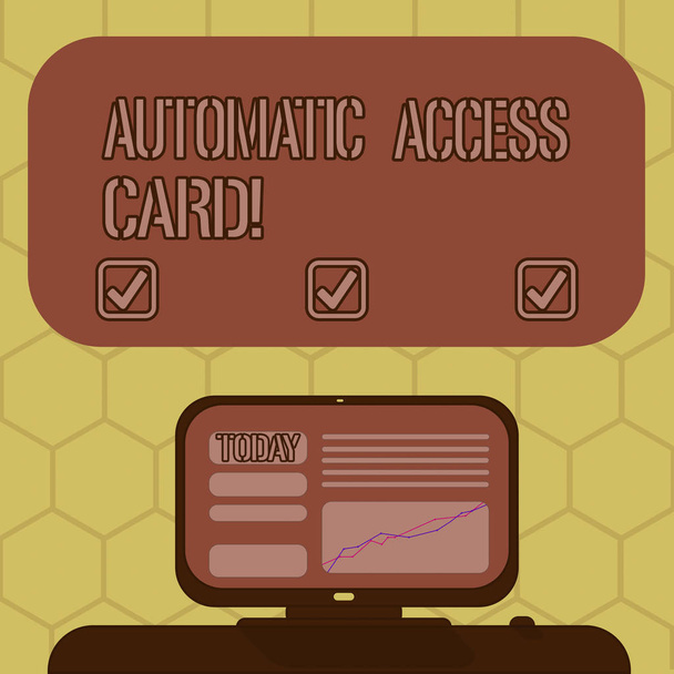 Word writing text Automatic Access Card. Business concept for used to control entry into exterior doors of buildings Mounted Computer Screen with Line Graph on Desk Blank Color Text Box. - Photo, Image