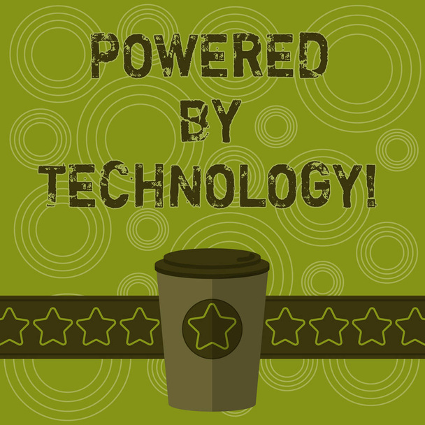 Schreiben Notiz zeigt, angetrieben von Technologie. Business-Foto präsentiert Durchbruch führte zur breiten Kommerzialisierung 3d-Kaffee-to-go-Tasse mit Deckel und Sternen auf Streifen leere Textfläche. - Foto, Bild