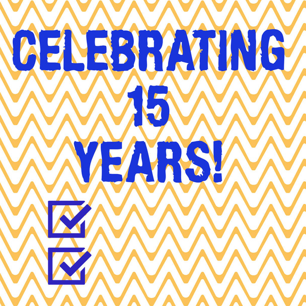 Conceptual hand writing showing Celebrating 15 Years. Business photo text Commemorating a special day after 15 years anniversary Horizontal Zigzag Wavy Parallel Line in Seamless Repeat Pattern. - Photo, Image