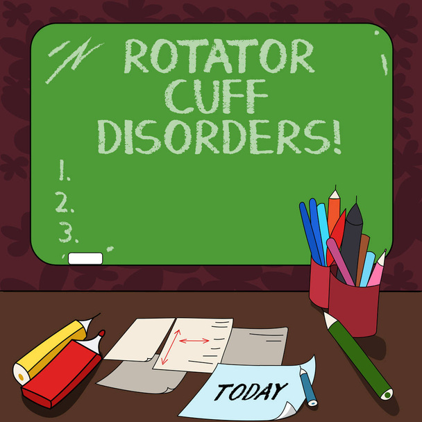 Word writing text Rotator Cuff Disorders. Business concept for tissues in the shoulder get irritated or damaged Mounted Blank Color Blackboard with Chalk and Writing Tools Sheets on Desk. - Photo, Image