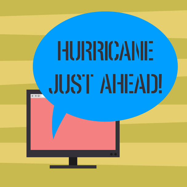 Szöveg jel mutatja a hurrikán csak előre. Fogalmi fénykép erőszakos trópusi ciklon közeledik a hit a földön csatlakoztatott számítógép Monitor üres képernyő-val ovális színes beszéd buborék. - Fotó, kép