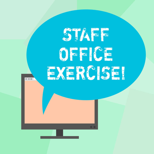 Conceptual hand writing showing Staff Office Exercise. Business photo text Promoting physical fitness routine for office staff Mounted Computer Blank Screen with Oval Color Speech Bubble. - Photo, Image