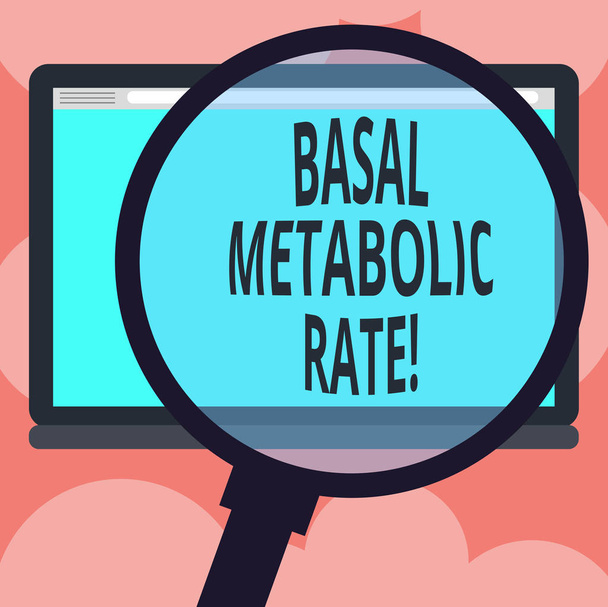 Writing note showing Basal Metabolic Rate. Business photo showcasing Minimum energy level require to sustain vital function Magnifying Glass Enlarging Tablet Blank Color Screen photo text Space. - Photo, Image