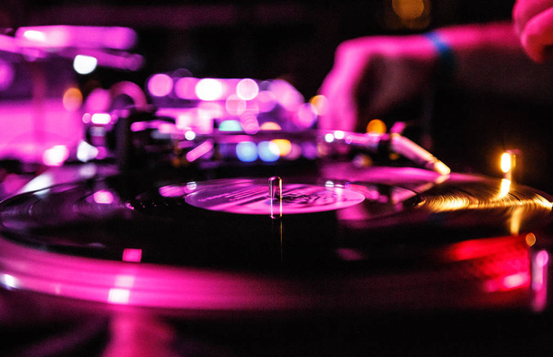 KIEV-4 JULY,2018: Professional retro Technics SL-1210 vinyl records player. Turn tables setup for scratching old analog record with music. Stage equipment in close up - Foto, immagini