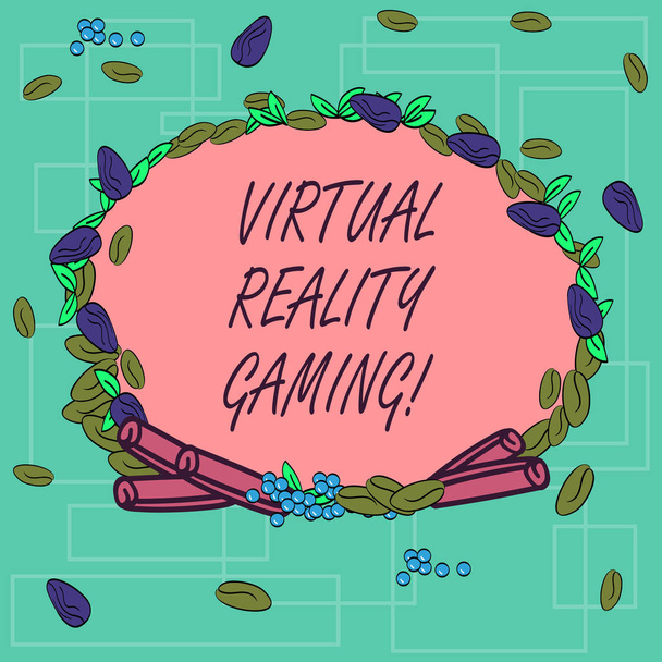 Word writing text Virtual Reality Gaming. Business concept for application of virtual environment to computer games Wreath Made of Different Color Seeds Leaves and Rolled Cinnamon photo. - Photo, Image