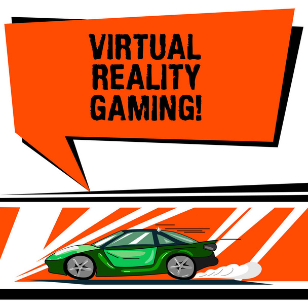 Λέξη σύνταξη κειμένου εικονική πραγματικότητα Gaming. Επιχειρηματική ιδέα για εφαρμογή του εικονικού περιβάλλοντος ηλεκτρονικά παιχνίδια αυτοκίνητο με γρήγορη κίνηση εικονίδιο και εξάτμισης καπνίζουν κενό χρώμα συννεφάκι ομιλίας. - Φωτογραφία, εικόνα