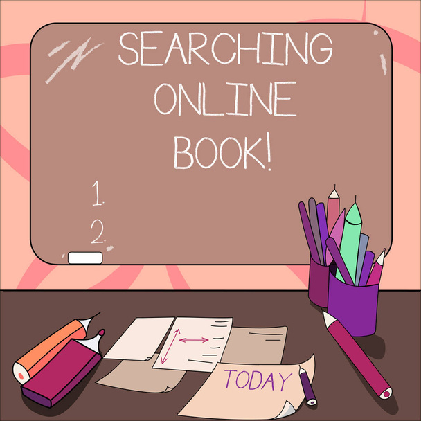 Writing note showing Searching Online Book. Business photo showcasing resource in book that is offered to read online Mounted Blackboard with Chalk Writing Tools Sheets on Desk. - Photo, Image