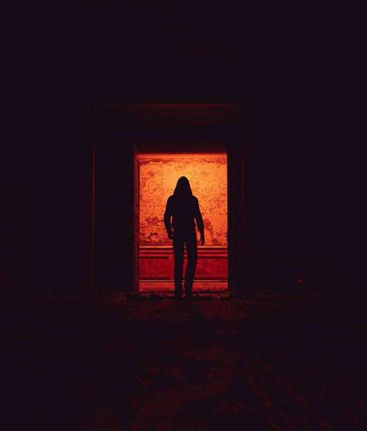 そのドアの後ろに見知らぬ人に一人歩きしてお化け屋敷、3 d イラストレーション - 写真・画像