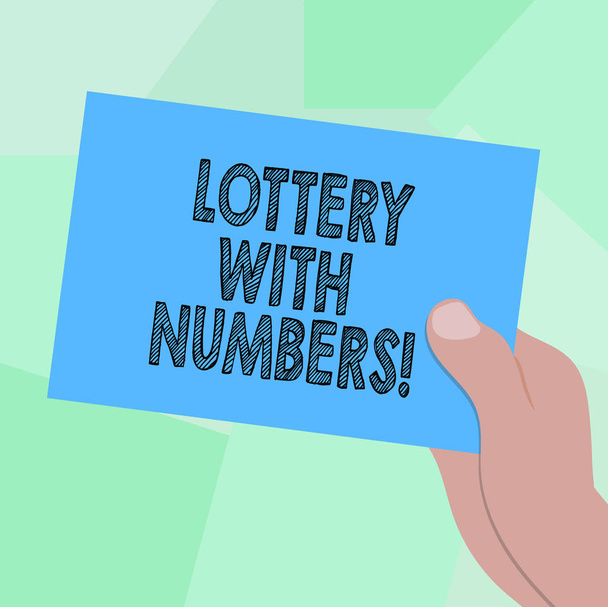 Conceptual hand writing showing Lottery With Numbers. Business photo showcasing game of chance in which showing buy numbered tickets Drawn Hu analysis Hand Holding Blank Color Paper Cardboard. - Photo, Image