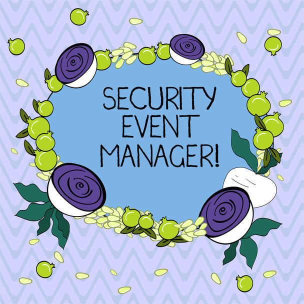 Tekstin kirjoittaminen Security Event Manager. Business konsepti työkaluja analysoida useita turvallisuus sovelluksia Kukkakauppa seppele valmistettu Tiny siemenet Pieni kiiltävä granaattiomena ja leikattu sokerijuurikas
 - Valokuva, kuva