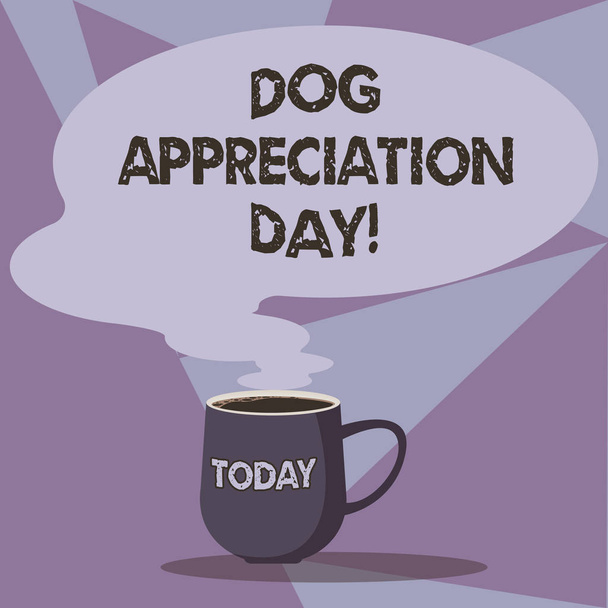Jegyzék bemutatás kutya értékelés Day írás. Üzleti fénykép bemutató egy nap, hogy értékeljék a legjobb barátod, a négy lábak Hot Coffee bögre üres színes beszéd buborék Steam ikon. - Fotó, kép