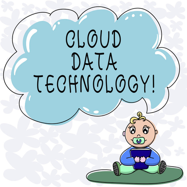 Концептуальный почерк, показывающий Cloud Data Technology. Сохранить и получить доступ к данным и программам через Интернет Baby Сидя на ковре с Pacifier книги и облачные речи пузырь
. - Фото, изображение