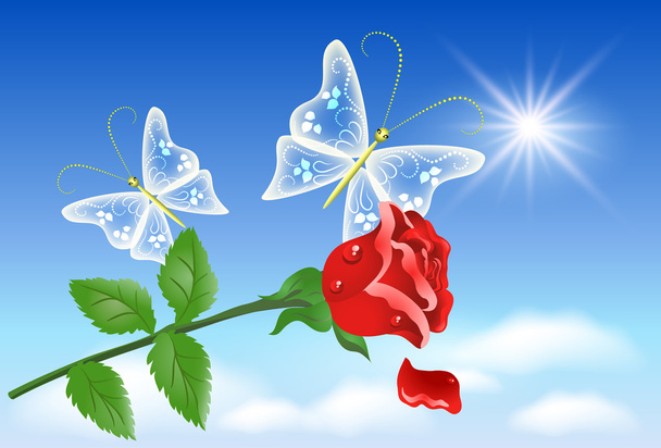 Роза и бабочки в небе
 - Вектор,изображение