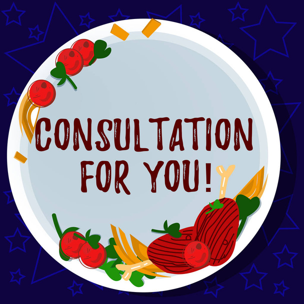 Word writing text Consultation For You. Business concept for Talking something with someone in order to get advice Hand Drawn Lamb Chops Herb Spice Cherry Tomatoes on Blank Color Plate. - Photo, Image