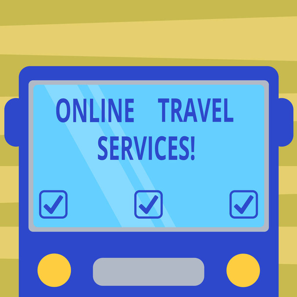 Κείμενο πινακίδα που δείχνει Online ταξιδιωτικών υπηρεσιών. Εννοιολογική φωτογραφία τρέχει ταξιδιών και του τουρισμού που σχετίζονται με υπηρεσίες για το δημόσιο που επίπεδη μπροστινή προβολή του λεωφορείο με κενό παράθυρο χρώμα ασπίδα αντανακλώντας. - Φωτογραφία, εικόνα