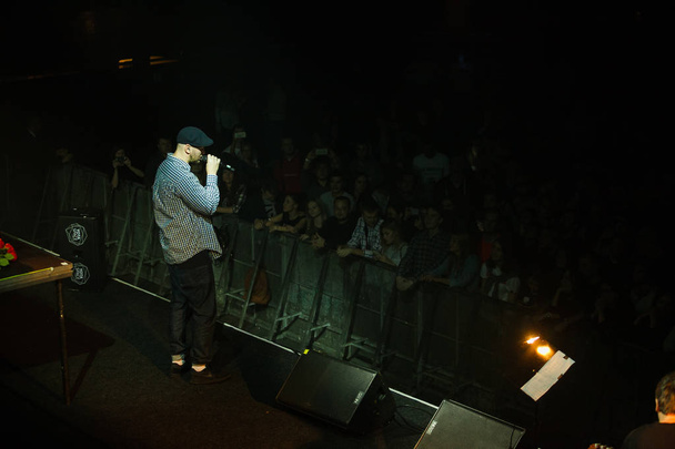 MOSCOW - 13 OCTOBER, 2016 : Russian rap music concert in night club. Hip hop band Krec and vocalist Fuze performing on stage of nightclub Yotaspace - Fotó, kép
