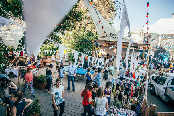 MOSCOW - 22 AUGUST, 2015 : Popular hipster event called design market Le Picnic took place at Dewars Powerhouse and gathered young designers and artists - Fotó, kép