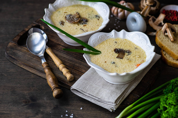 Sopa con champiñones y crema agria sobre fondo rústico con espacio para copiar
 - Foto, imagen
