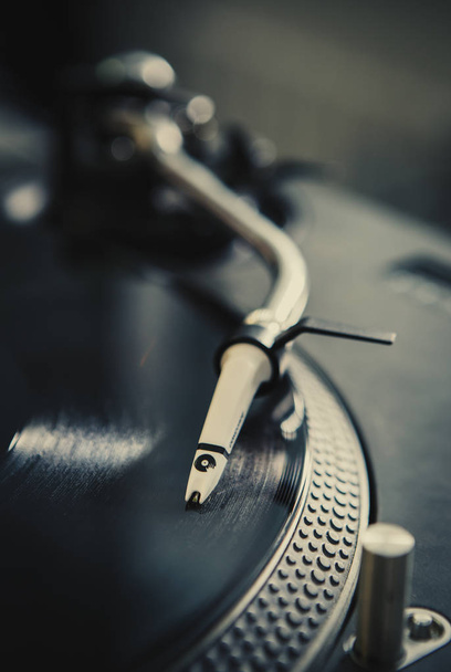 KIEV-30 JUNE,2018: Professional DJ turntable for scratching vinyl records on hip hop party. Vintage Technics turn table device.Pro audio equipment for disc jockey - Valokuva, kuva