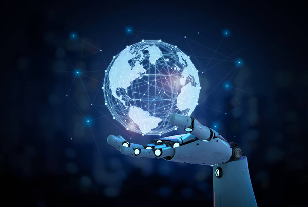 Παγκοσμιοποίηση τεχνολογία έννοια με 3d rendering ρομπότ με παγκόσμια σύνδεση - Φωτογραφία, εικόνα