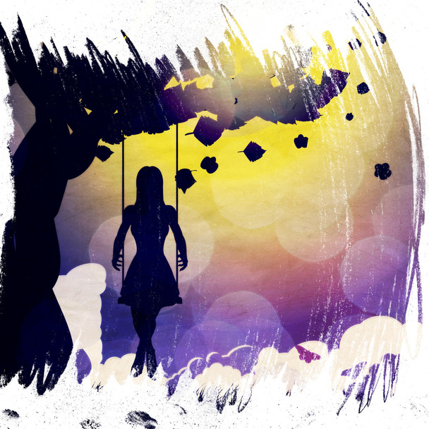 Grunge girl on swing silhouette at night - Foto, Imagen