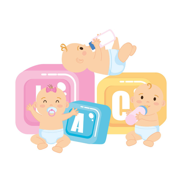 little babies with alphabet blocks toys icons - Vektor, kép