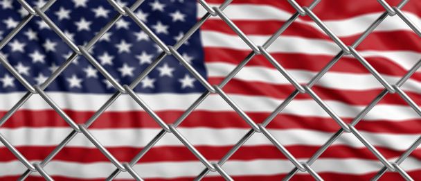 USA and migration border fence. US of America flag behind a steel wire mesh. 3d illustration - Фото, изображение